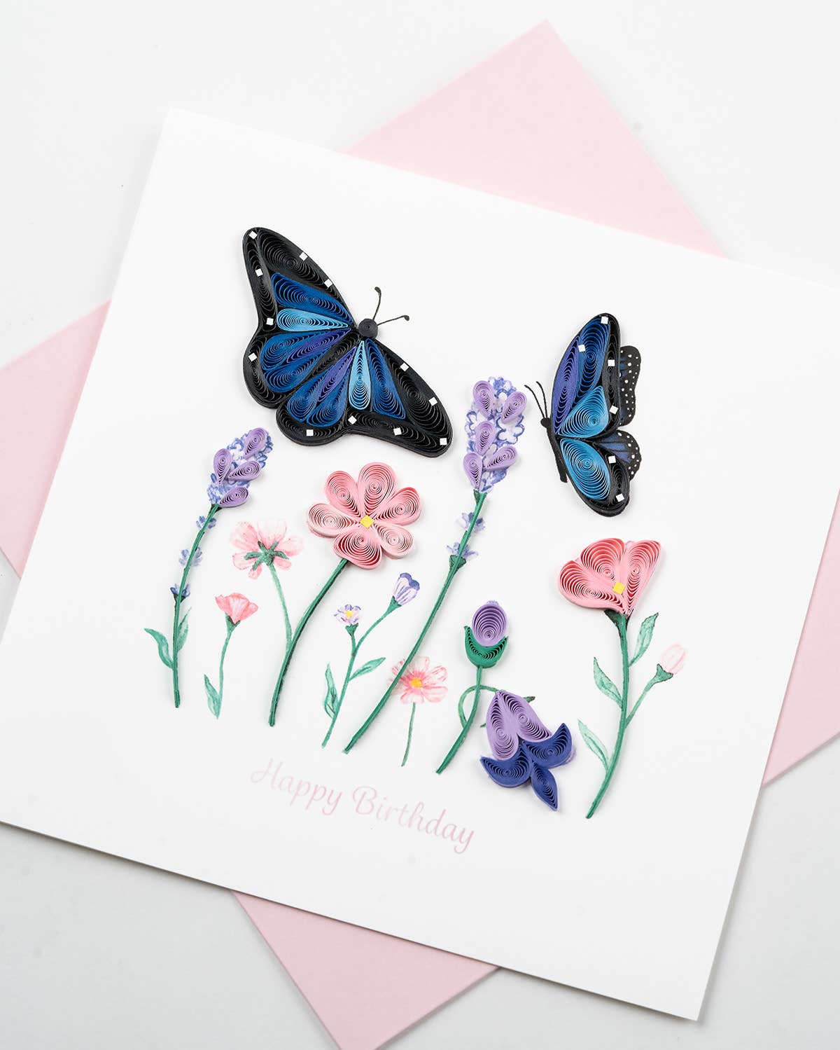 Birthday Flowers & Blue Butterflies Quilling Card