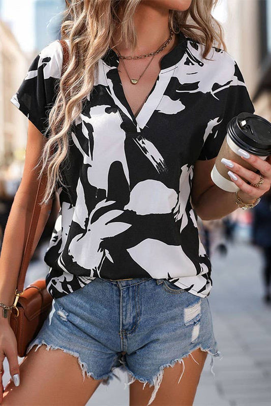 Summer Black Printed V Neck Short Sleeves Blouse BFZY979 | Black / S