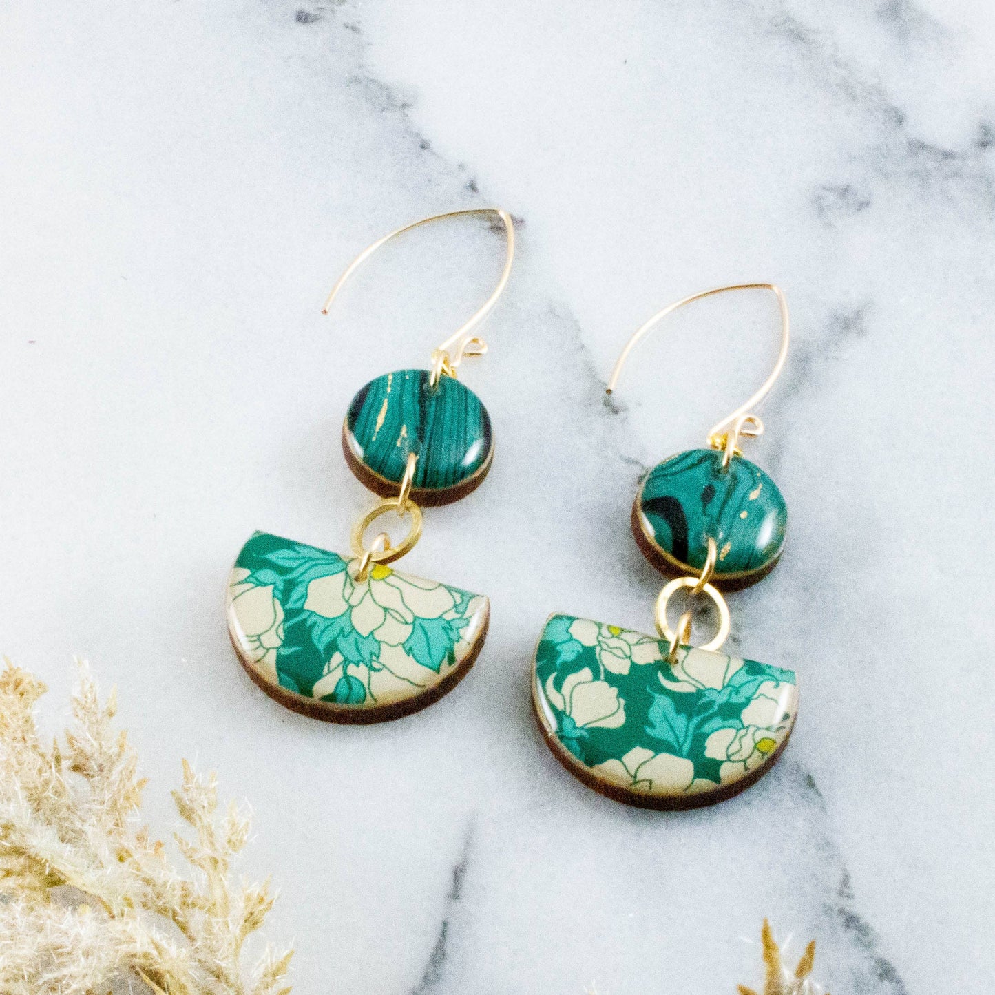 Teal Dogwood Floral Half Circle Stacked Earrings