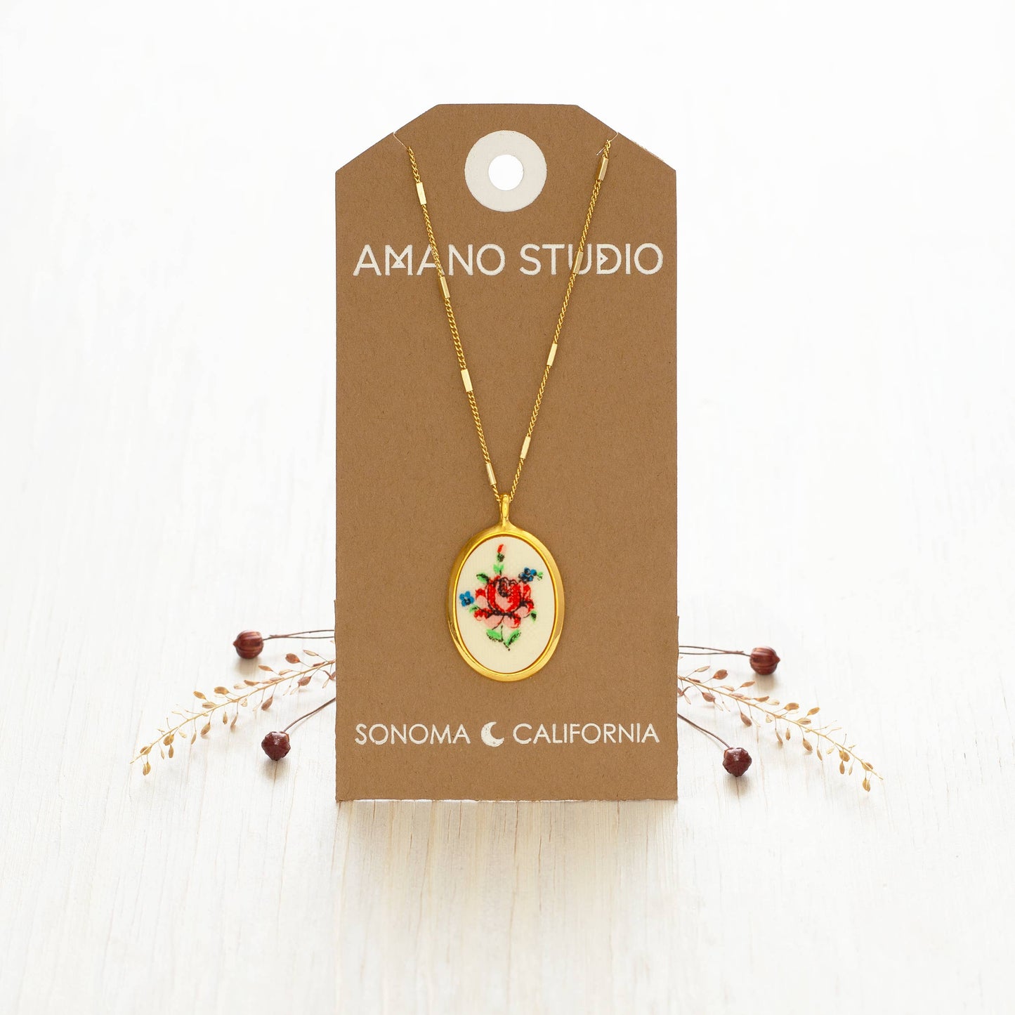 Amano Studio - Needlepoint Pink Flower Vintage Cameo Necklace