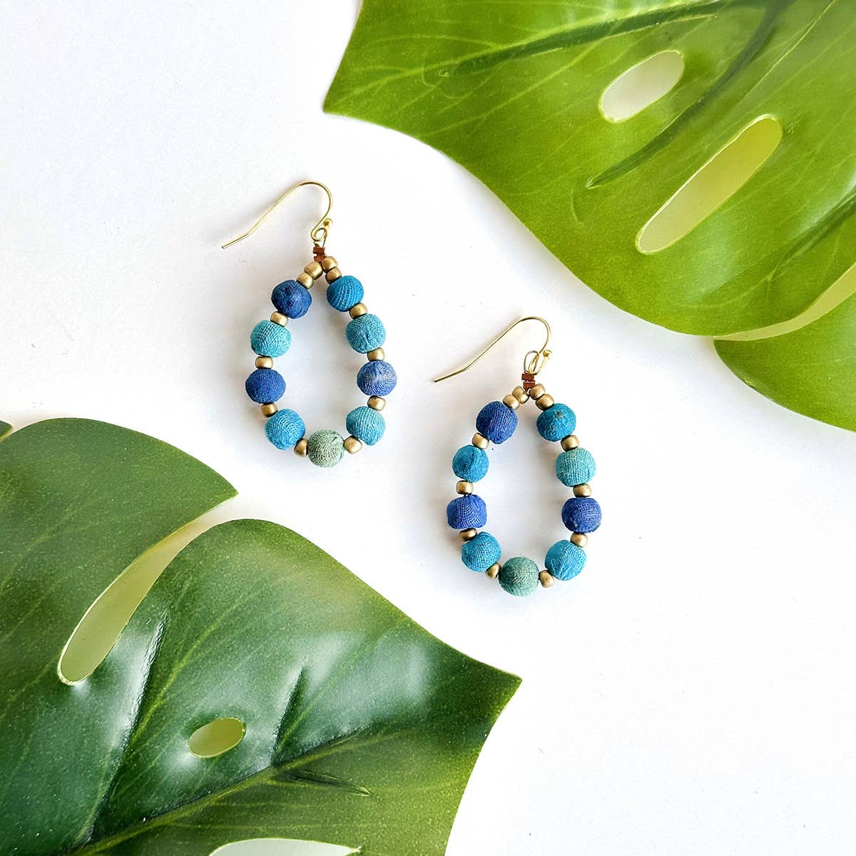 WorldFinds - Kantha Azure Beaded Teardrop Earrings