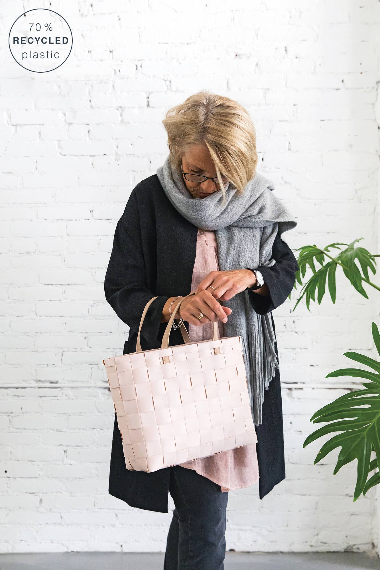 Petite Recycled Handwoven Small Tote w/Inside Pocket-Nude