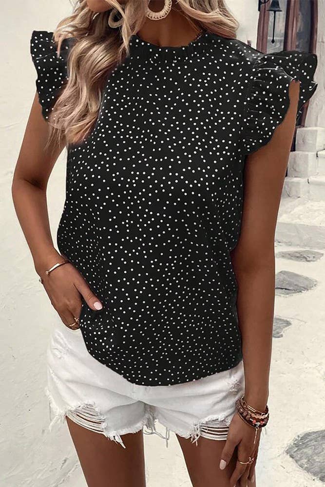 Summer Polka Dot Ruffle Sleeves Round Neck Top GSS107 | Black / L