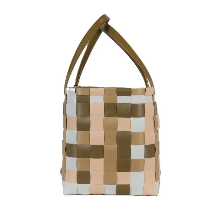Color Block Recycled Handwoven Tote Bag - Khaki Mix