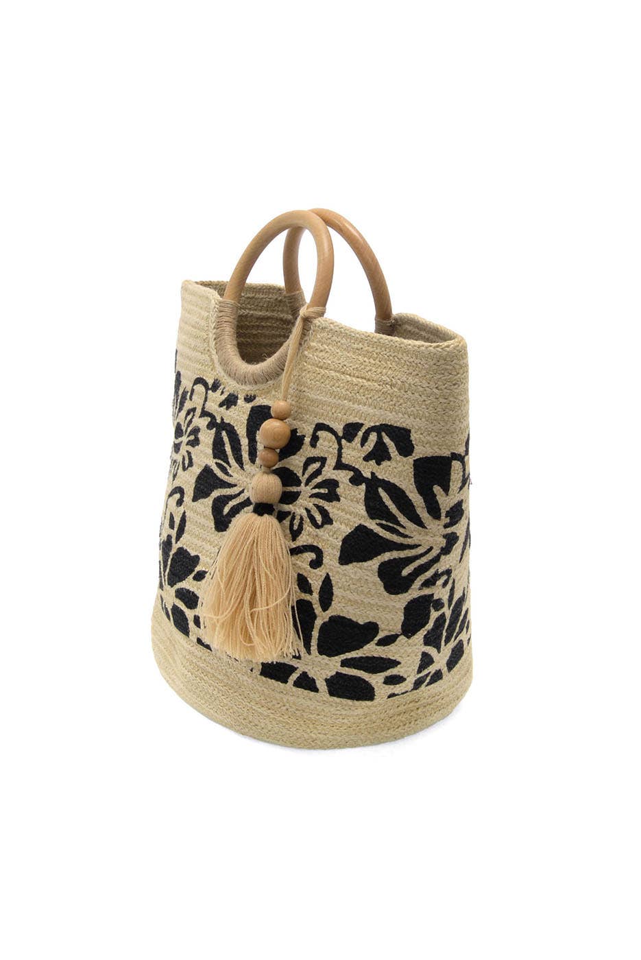 Black Painted Tropical Floral Lydia Wood Handle Jute Tote w/ Wood Bead Tassel