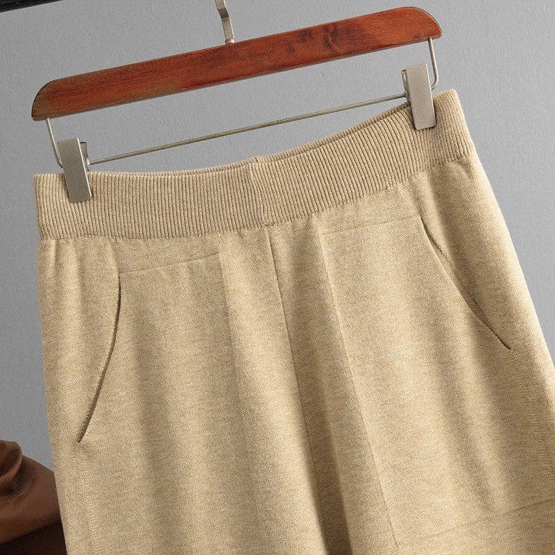 Solid Knit Mock Neck Slit Sweater Pants Set Khaki (One Size)