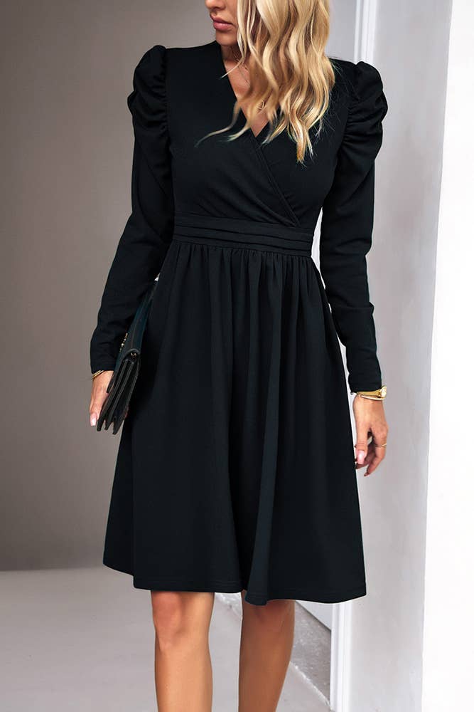 UNISHE - Plain Wrap V Neck Puff Sleeves High Waist Dress DY058: Black / L