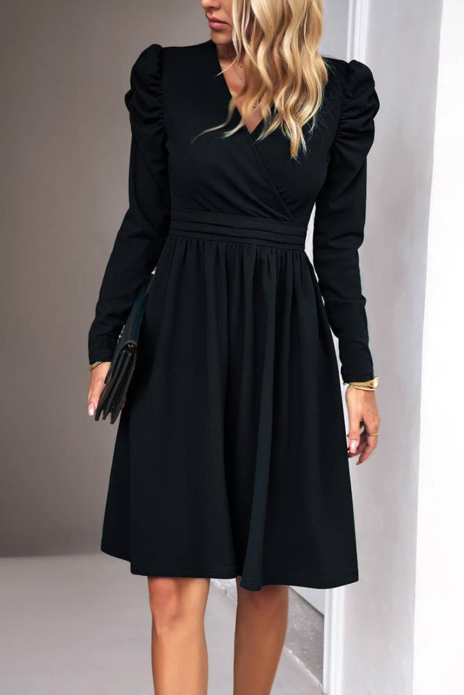 UNISHE - Plain Wrap V Neck Puff Sleeves High Waist Dress DY058: Black / S