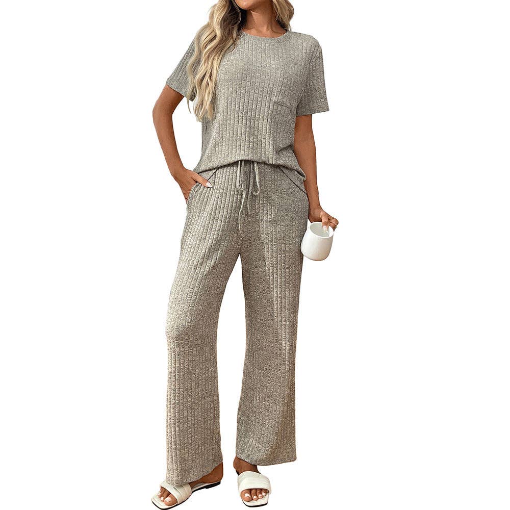 Lovesoft - Ribbed Knit Lounge Set with Short Sleeve Top and Pants