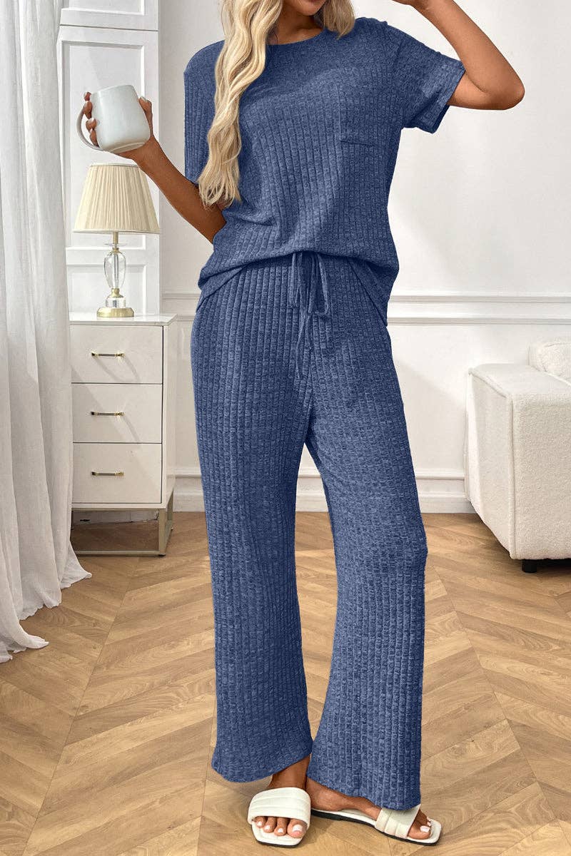 Lovesoft - Ribbed Knit Lounge Set with Short Sleeve Top and Pants