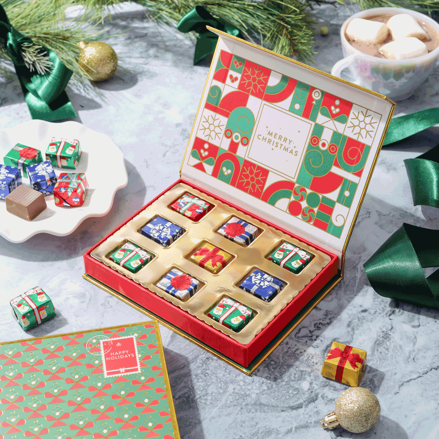 Merry Christmas Holiday Greetings Card with Foiled Chocolate Gift Boxes