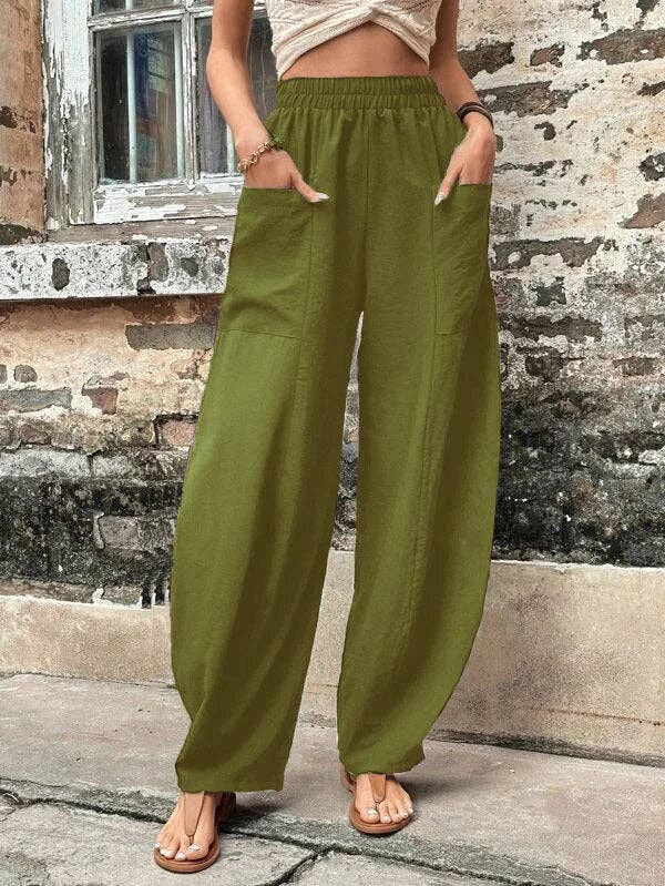 Loose Elasticity Pockets Solid Color Pants