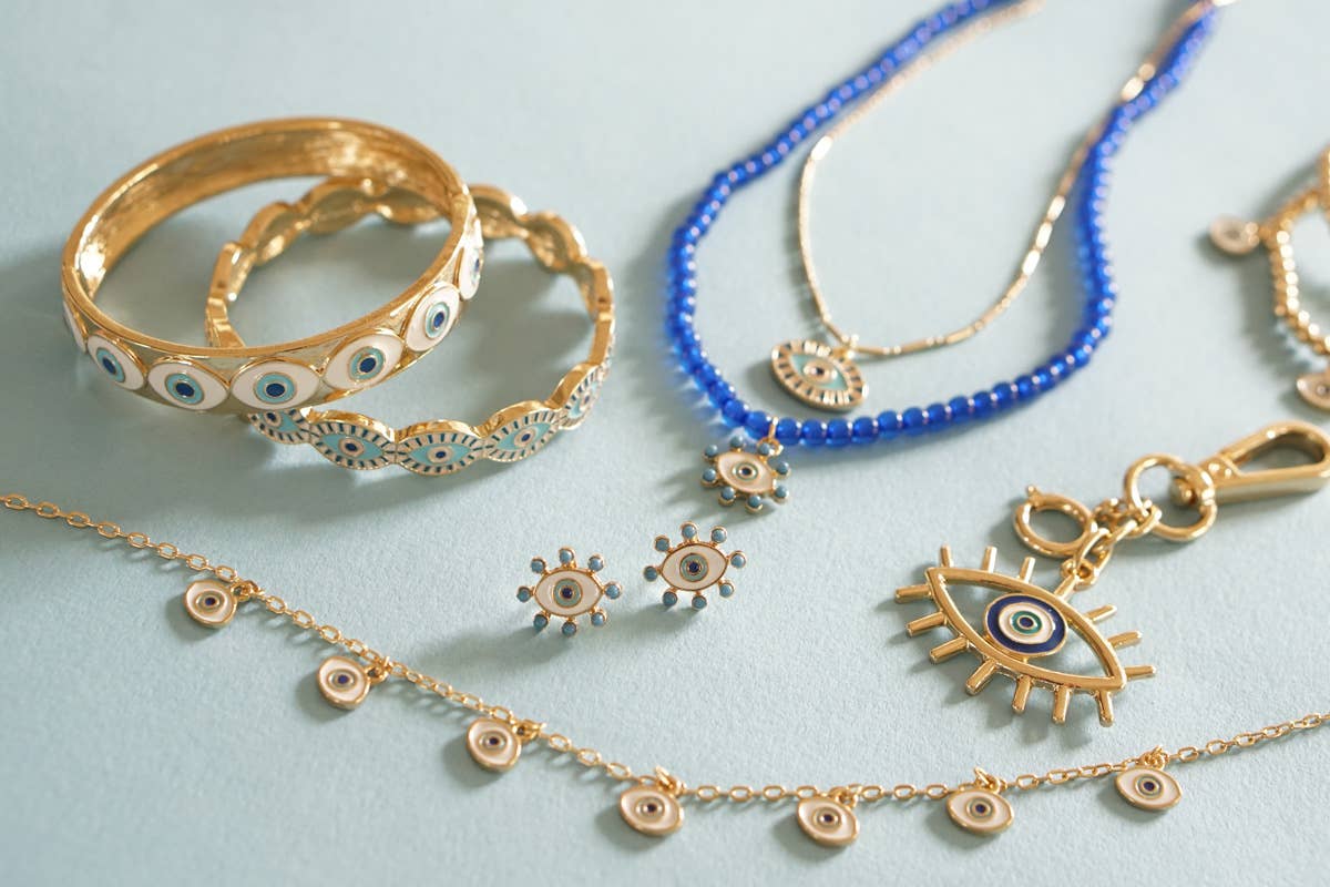 Canvas Style - Turquoise Studded Evil Eye Studs in Shiny Gold