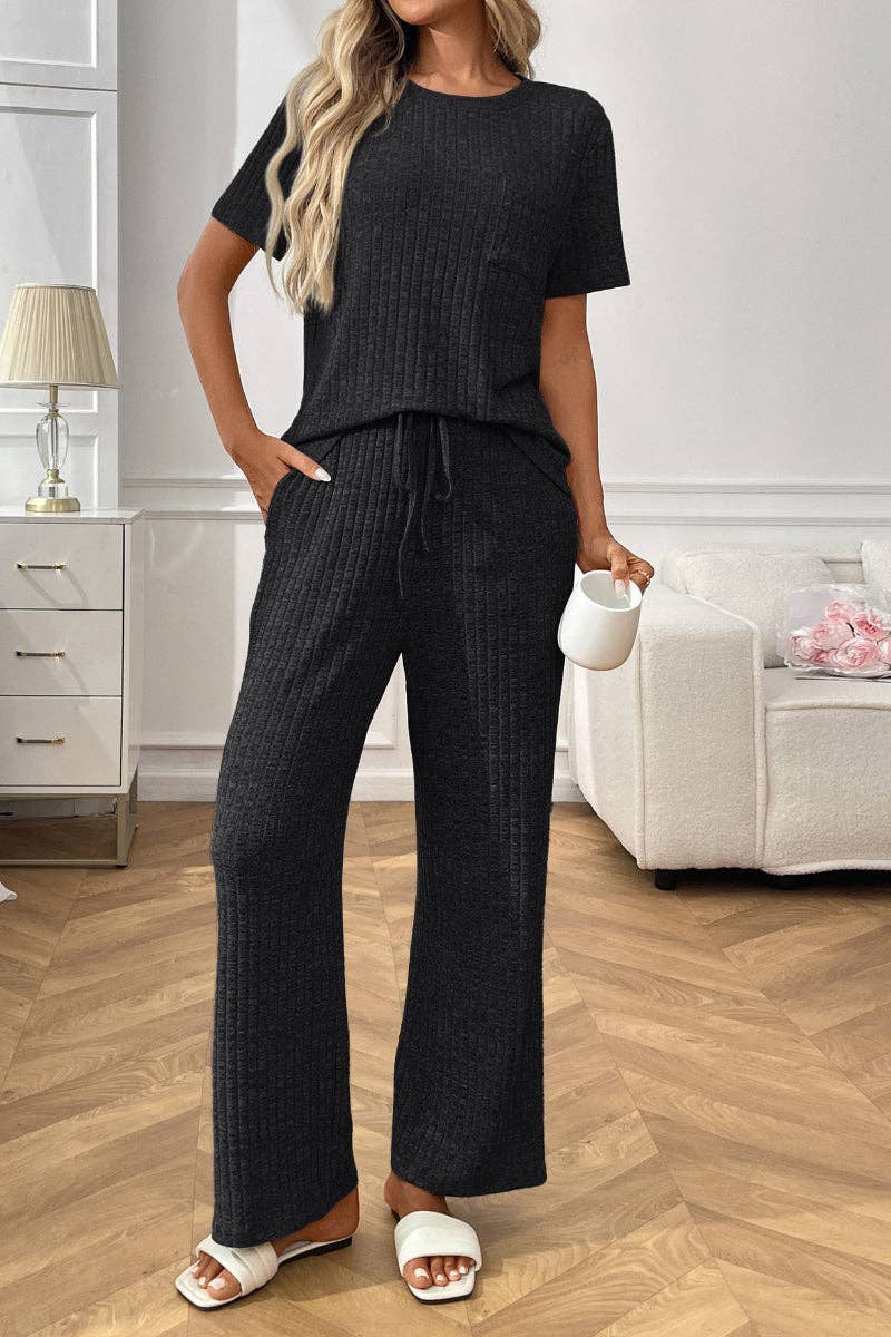 Lovesoft - Ribbed Knit Lounge Set with Short Sleeve Top and Pants