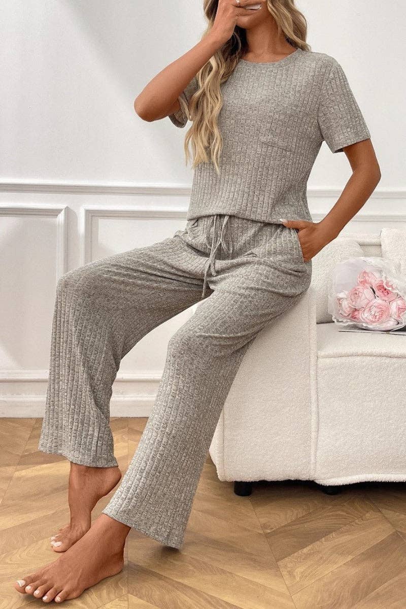 Lovesoft - Ribbed Knit Lounge Set with Short Sleeve Top and Pants