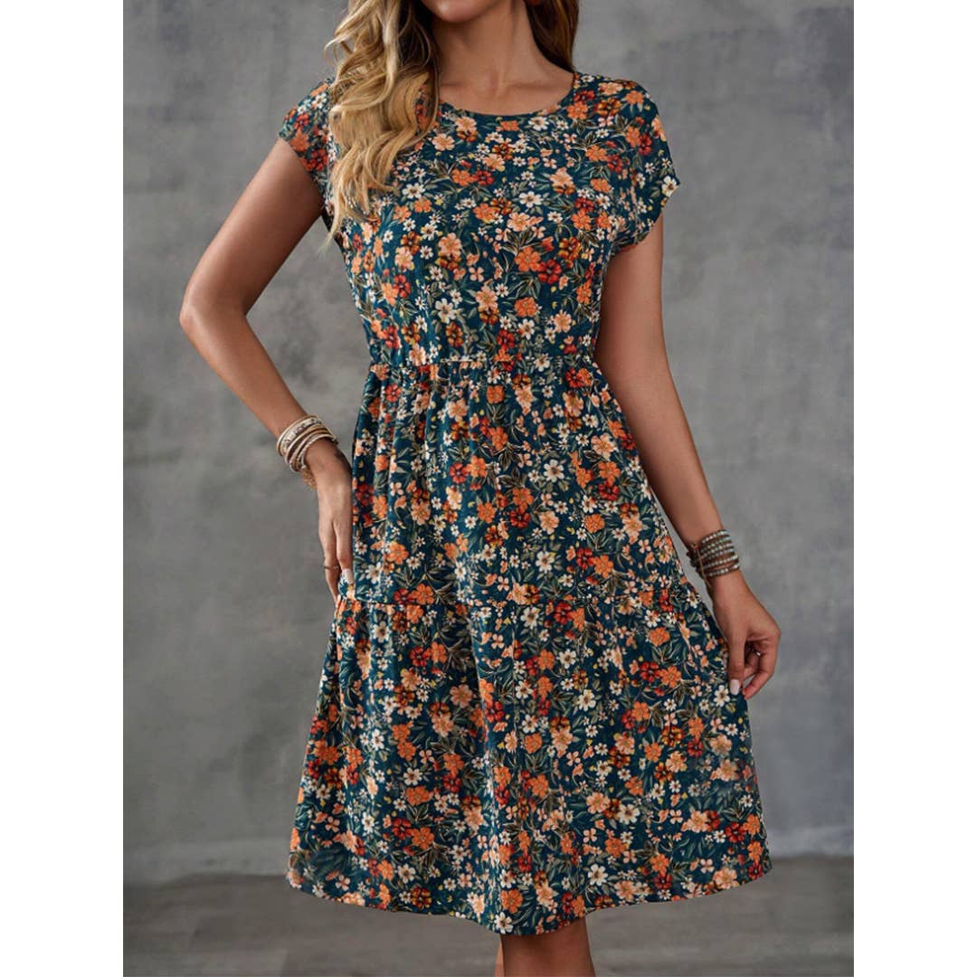 UNISHE - Floral Elastic Waist Short Sleeves Round Neck Dress ZK2696