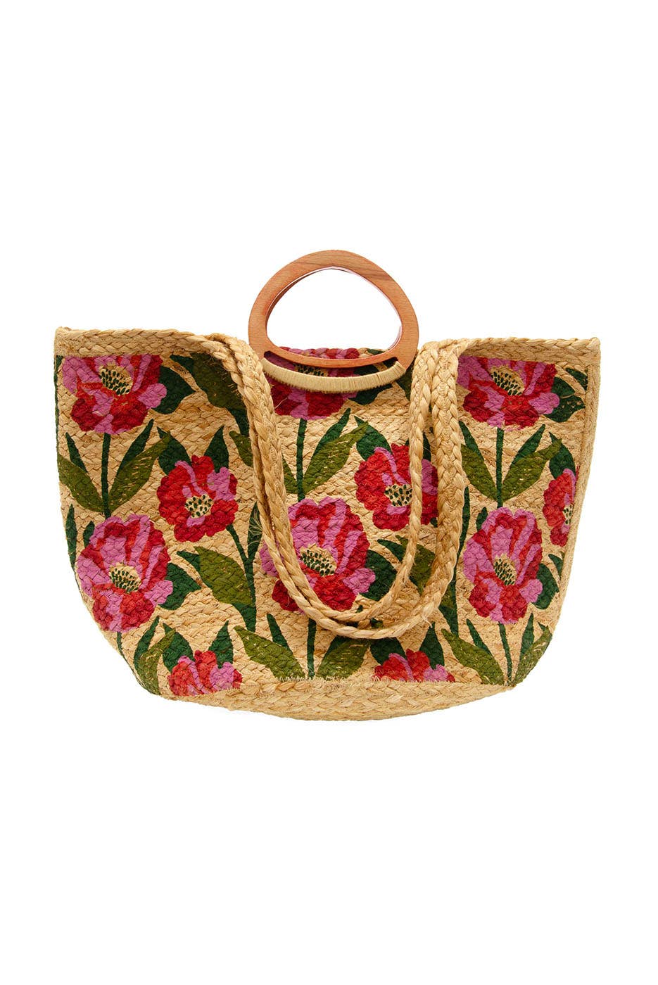 Multi Poppy Painted Nell Wood Handle Jute Tote