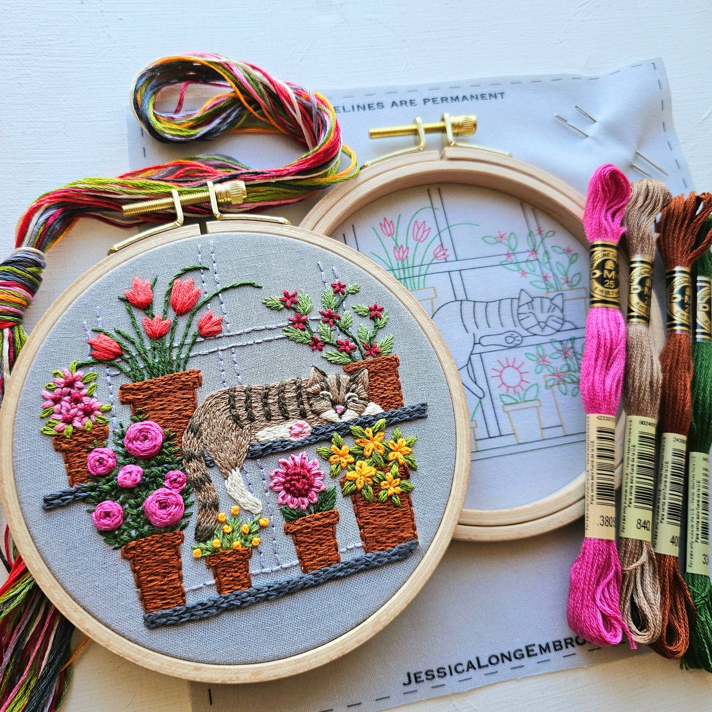 Jessica Long Embroidery - Catnap with Flowers Embroidery Kit