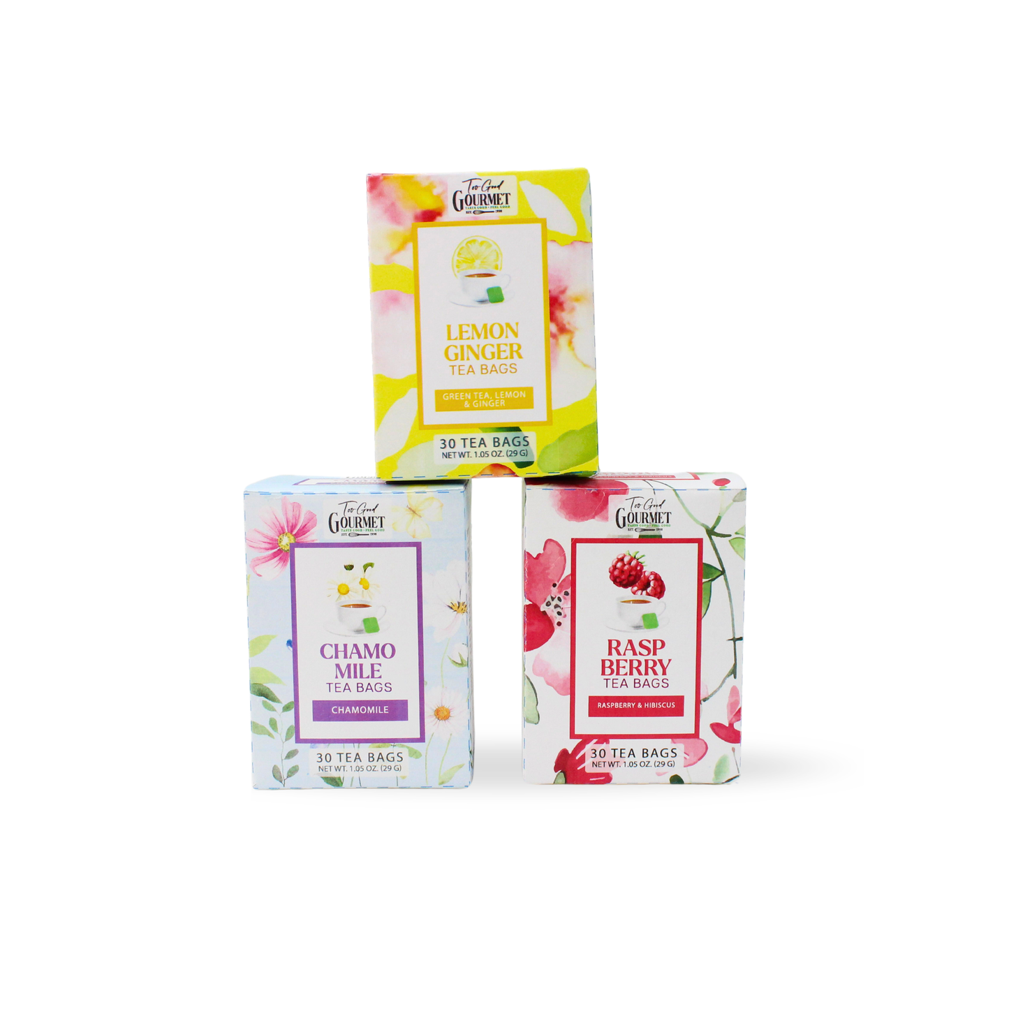 Too Good Gourmet - Spring Everyday Teas - Lemon Ginger, Raspberry, Chamomile