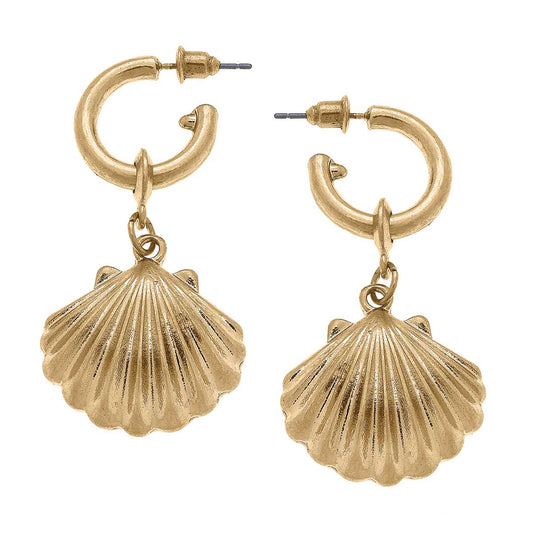 Scallop Shell Drop Hoop Earrings in Worn Gold