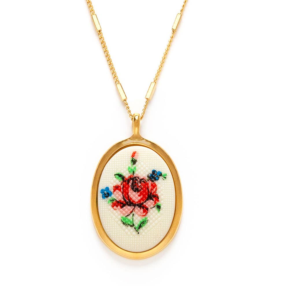 Amano Studio - Needlepoint Pink Flower Vintage Cameo Necklace