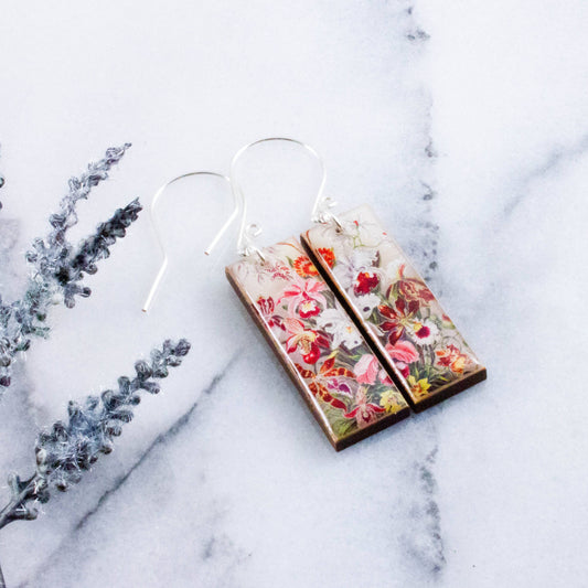 Vintage Botanical Iris Rectangle Earrings