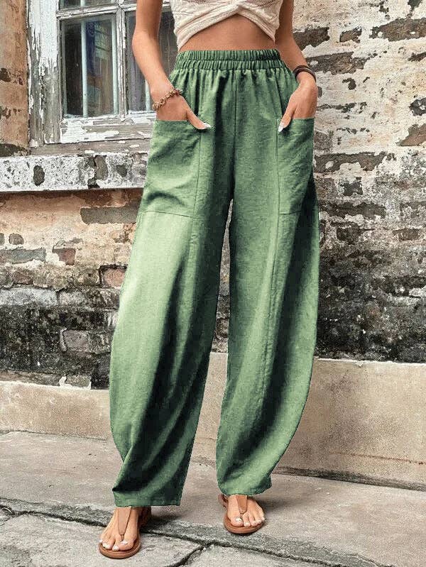 Loose Elasticity Pockets Solid Color Pants