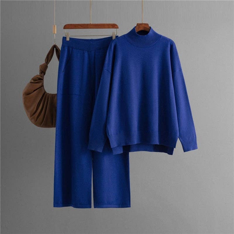 Solid Knit Mock Neck Slit Sweater Pants Set Khaki (One Size)