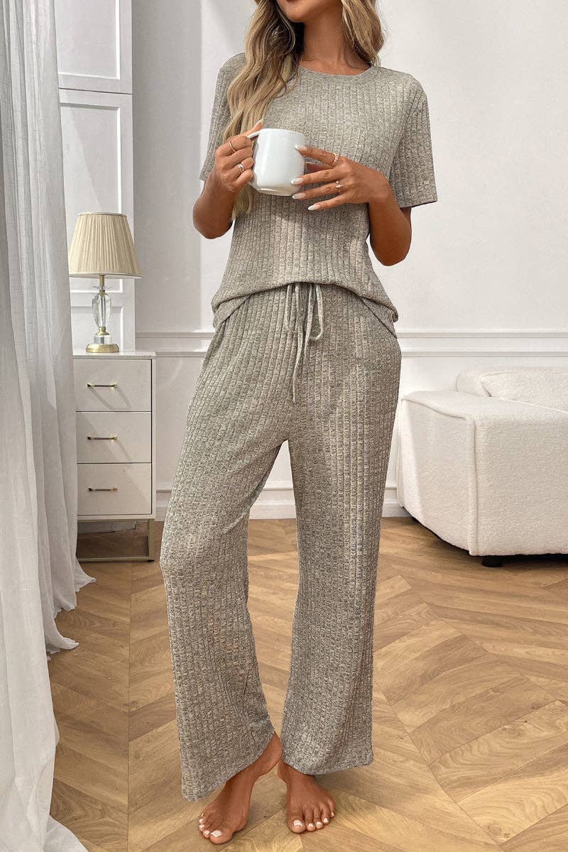 Lovesoft - Ribbed Knit Lounge Set with Short Sleeve Top and Pants