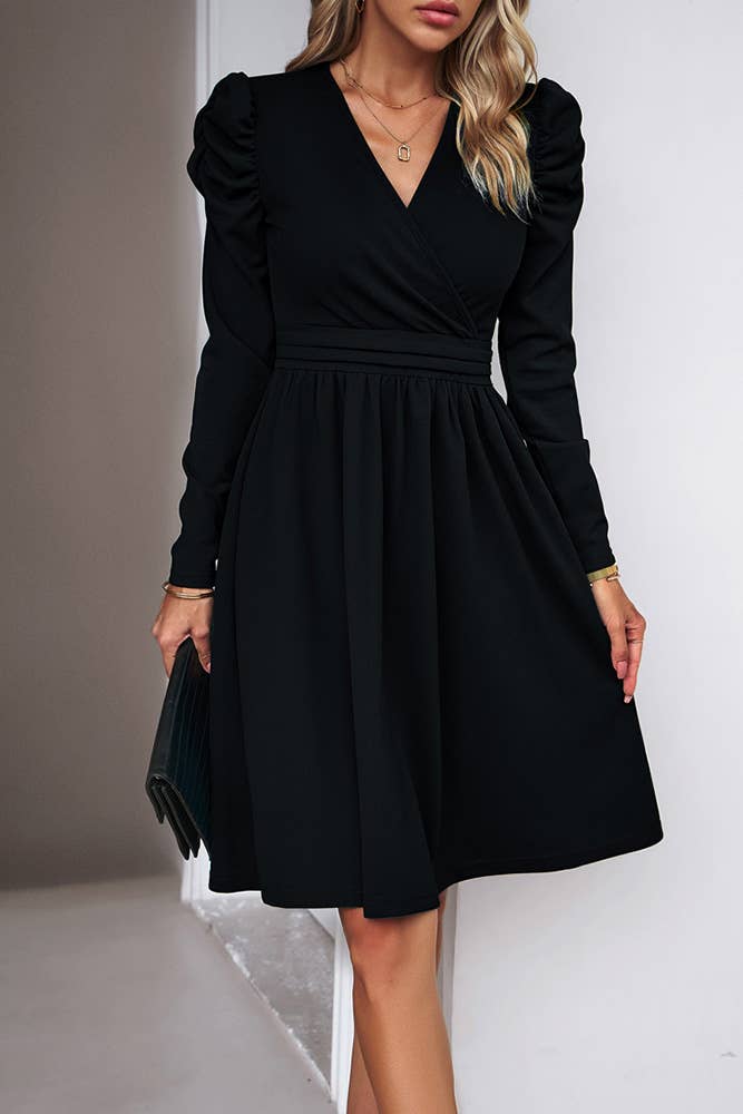 UNISHE - Plain Wrap V Neck Puff Sleeves High Waist Dress DY058: Black / M