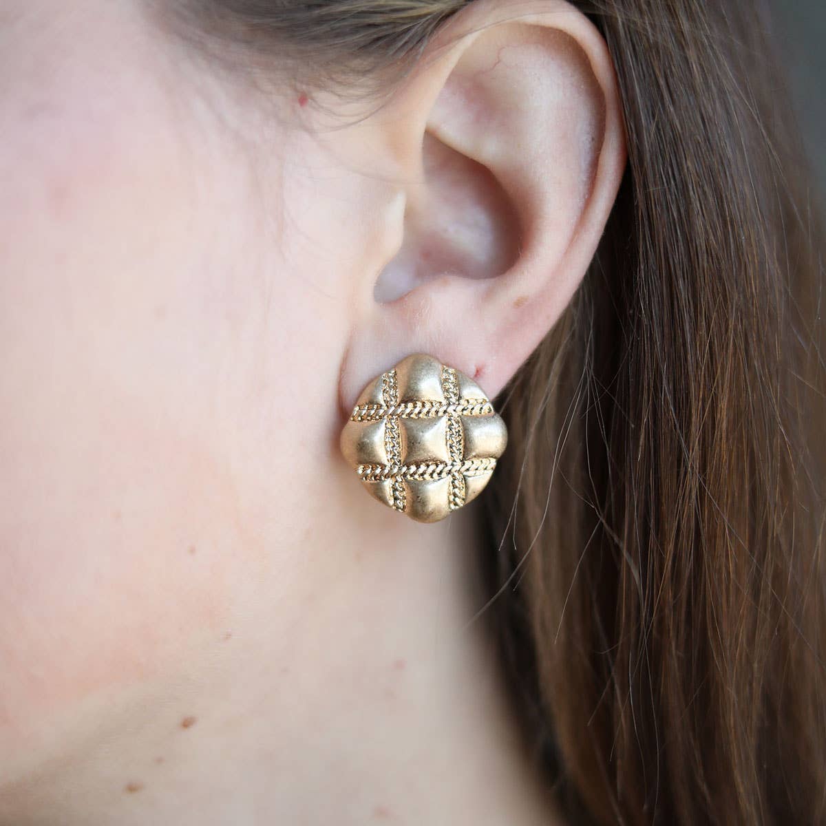 Sunnie Quilted Metal Statement Stud Earrings in Worn Gold