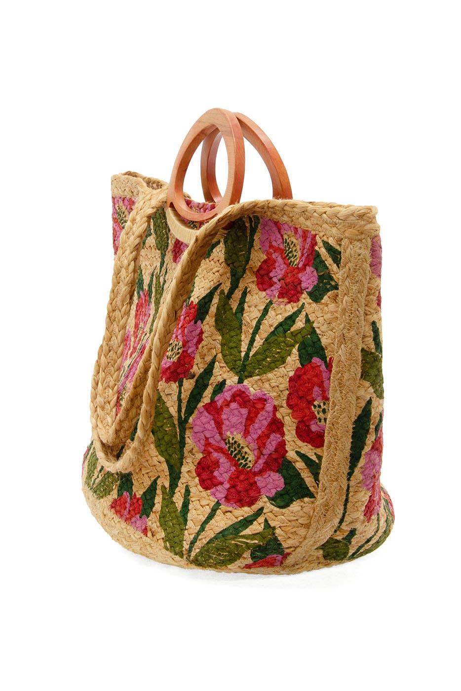 Multi Poppy Painted Nell Wood Handle Jute Tote