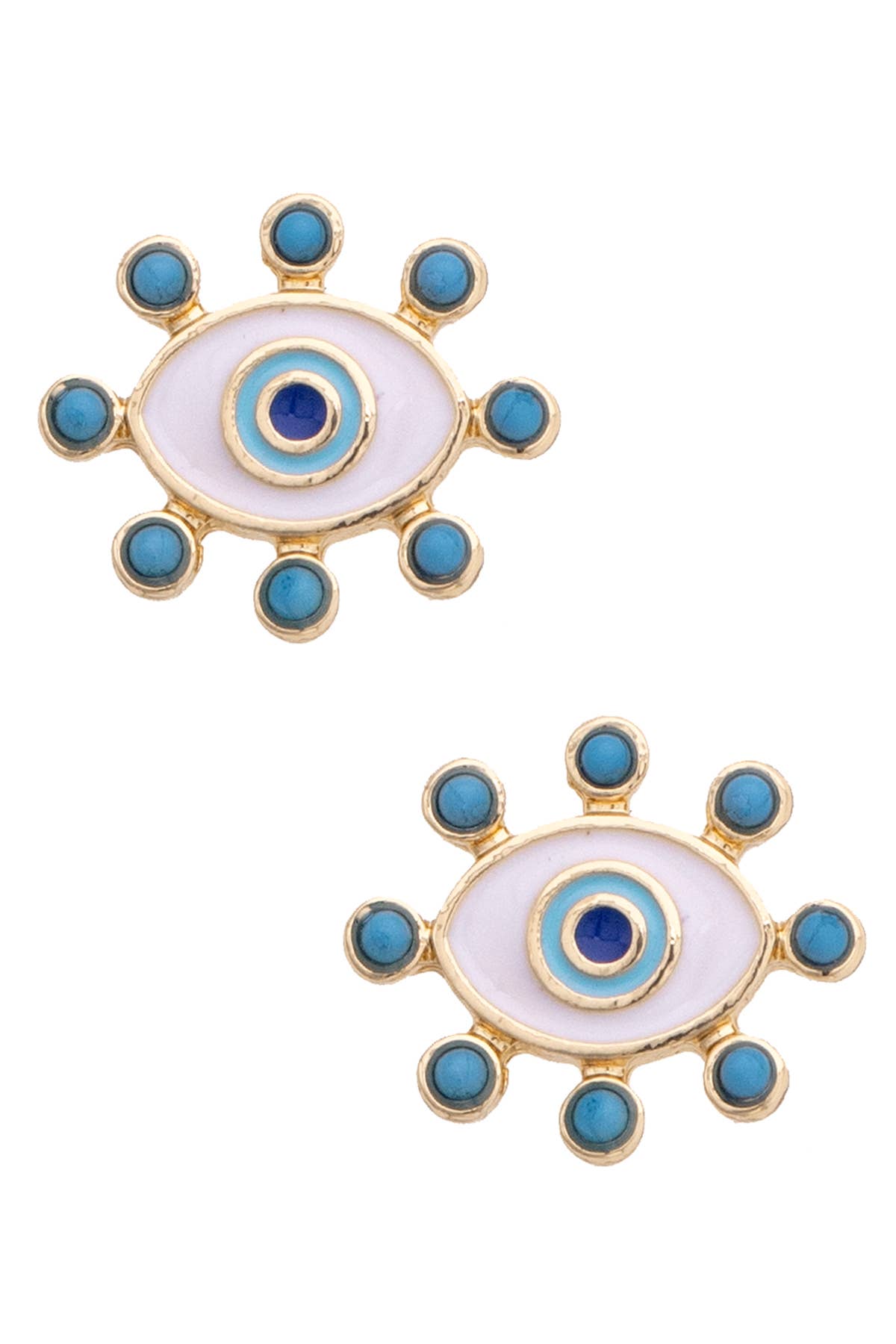Canvas Style - Turquoise Studded Evil Eye Studs in Shiny Gold