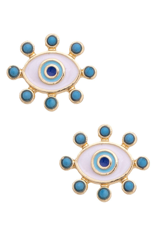 Turquoise Studded Evil Eye Studs in Shiny Gold