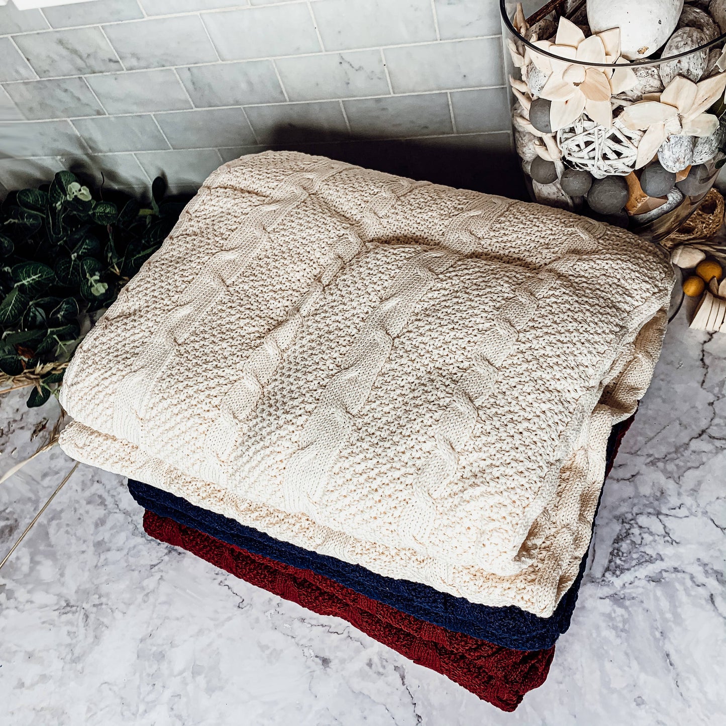 Claret Knit Sweater Like Throw Blankets - Plant Fiber & Cotton | Ivory/White