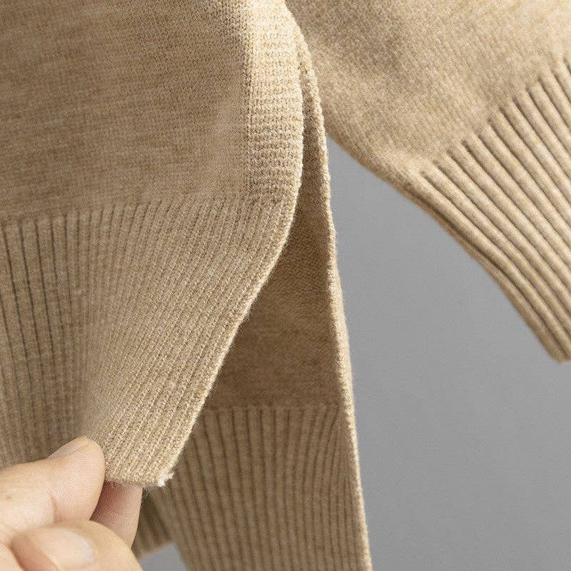 Solid Knit Mock Neck Slit Sweater Pants Set Khaki (One Size)