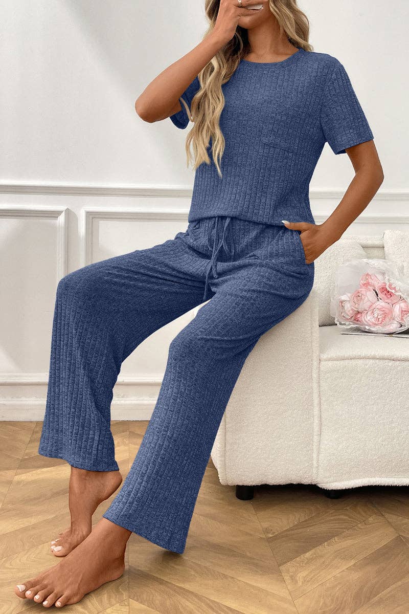 Lovesoft - Ribbed Knit Lounge Set with Short Sleeve Top and Pants