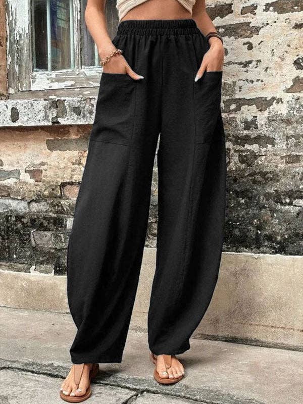 Loose Elasticity Pockets Solid Color Pants