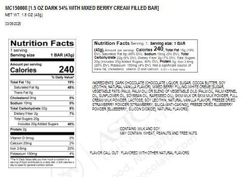 Moodibars Berry Happy Dk Choco Mixed Berry Cream 1.5 oz Bar Limited Edition