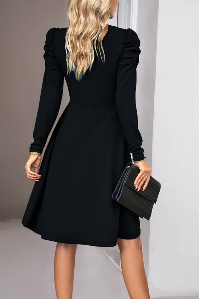 UNISHE - Plain Wrap V Neck Puff Sleeves High Waist Dress DY058: Black / S