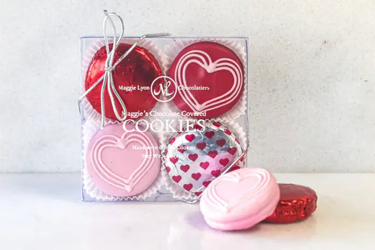 Valentine's 4pc Milk Chocolate Covered Cookies- Drawn Hearts Maggie Lyon Chocolatiers