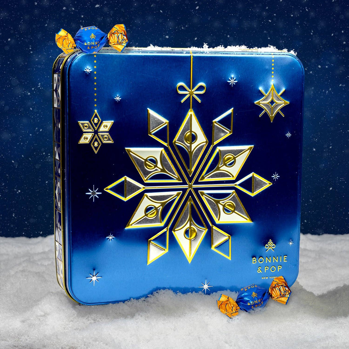 Blue Snowflake Holiday Tin with Gourmet Chocolates, Nuts & Cookies