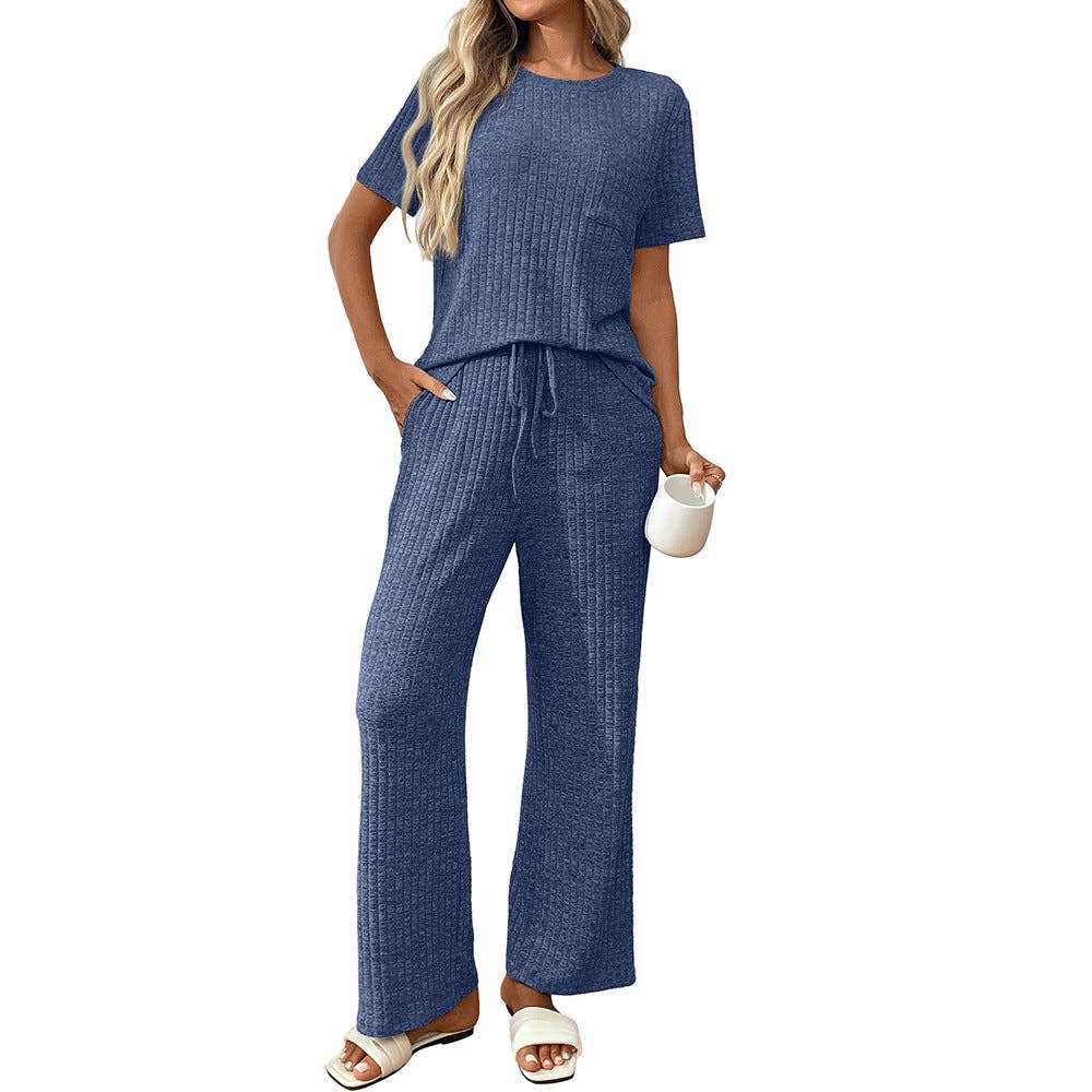 Lovesoft - Ribbed Knit Lounge Set with Short Sleeve Top and Pants
