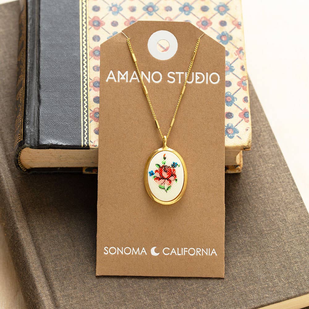 Amano Studio - Needlepoint Pink Flower Vintage Cameo Necklace