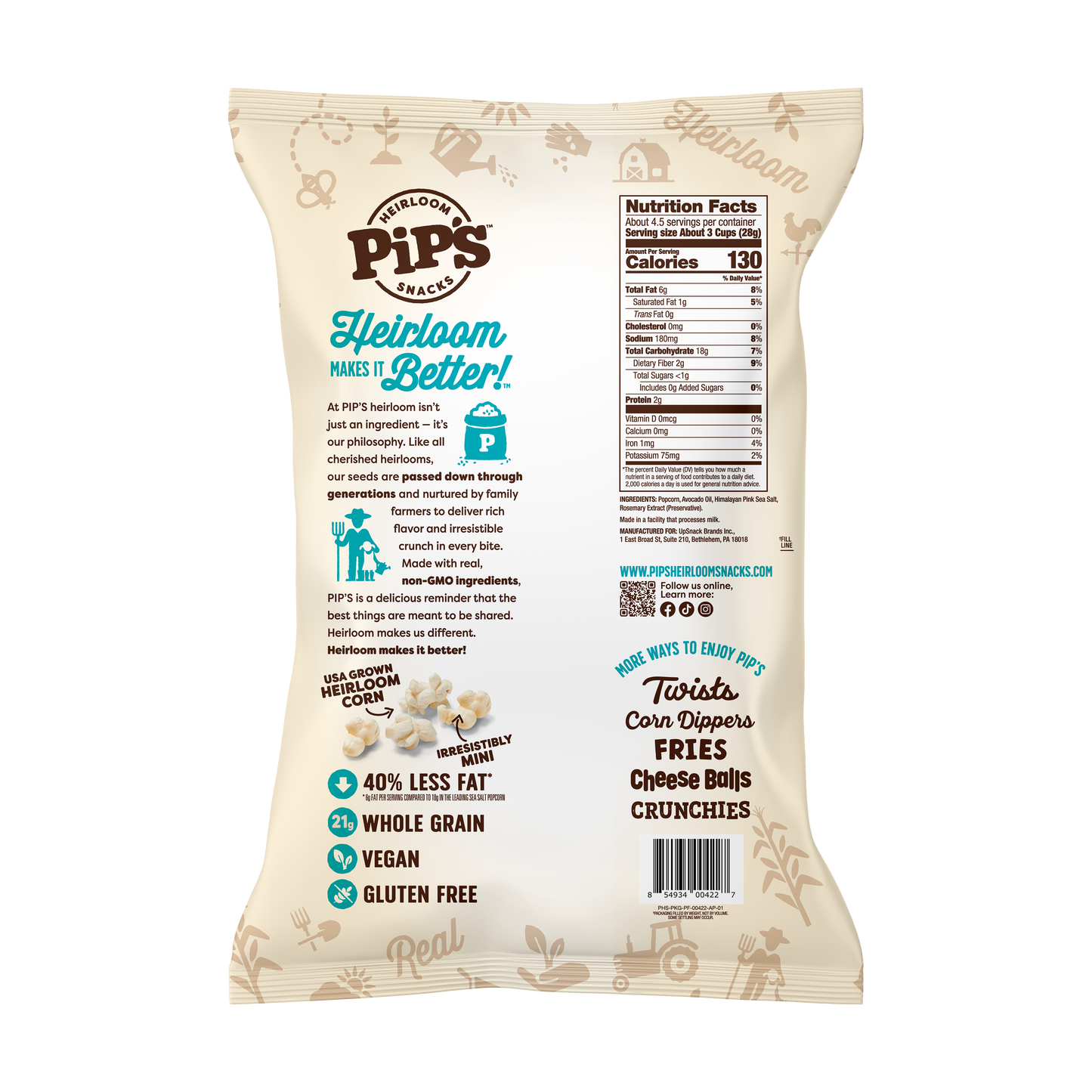 Pip's Heirloom Snacks - Sea Salt Mini Popcorn (12 bags in 1 case)