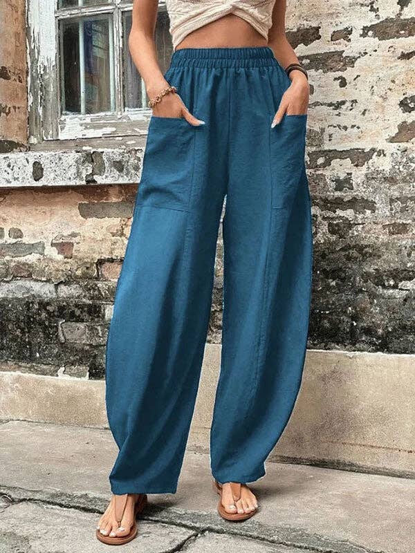 Loose Elasticity Pockets Solid Color Pants