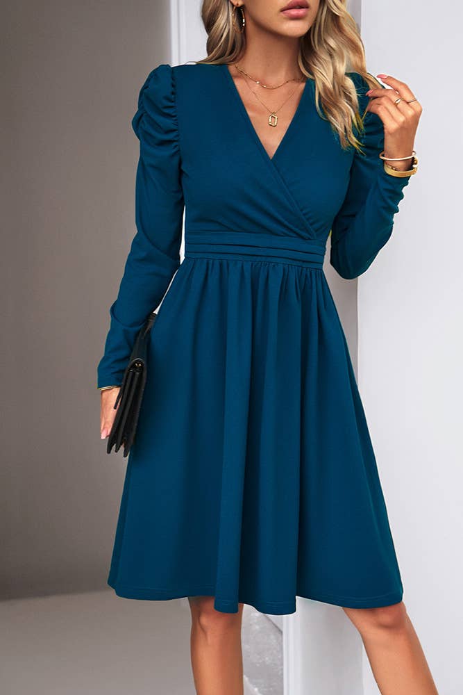 UNISHE - Plain Wrap V Neck Puff Sleeves High Waist Dress DY058: Blue / XL