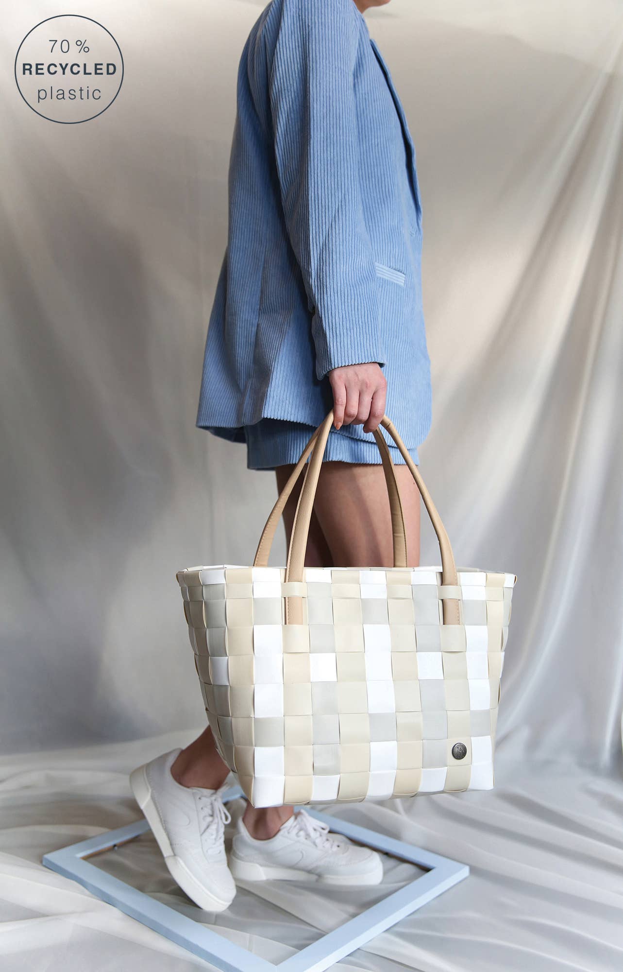 Color Block Recycled Handwoven Tote Bag - Ecru White Mix