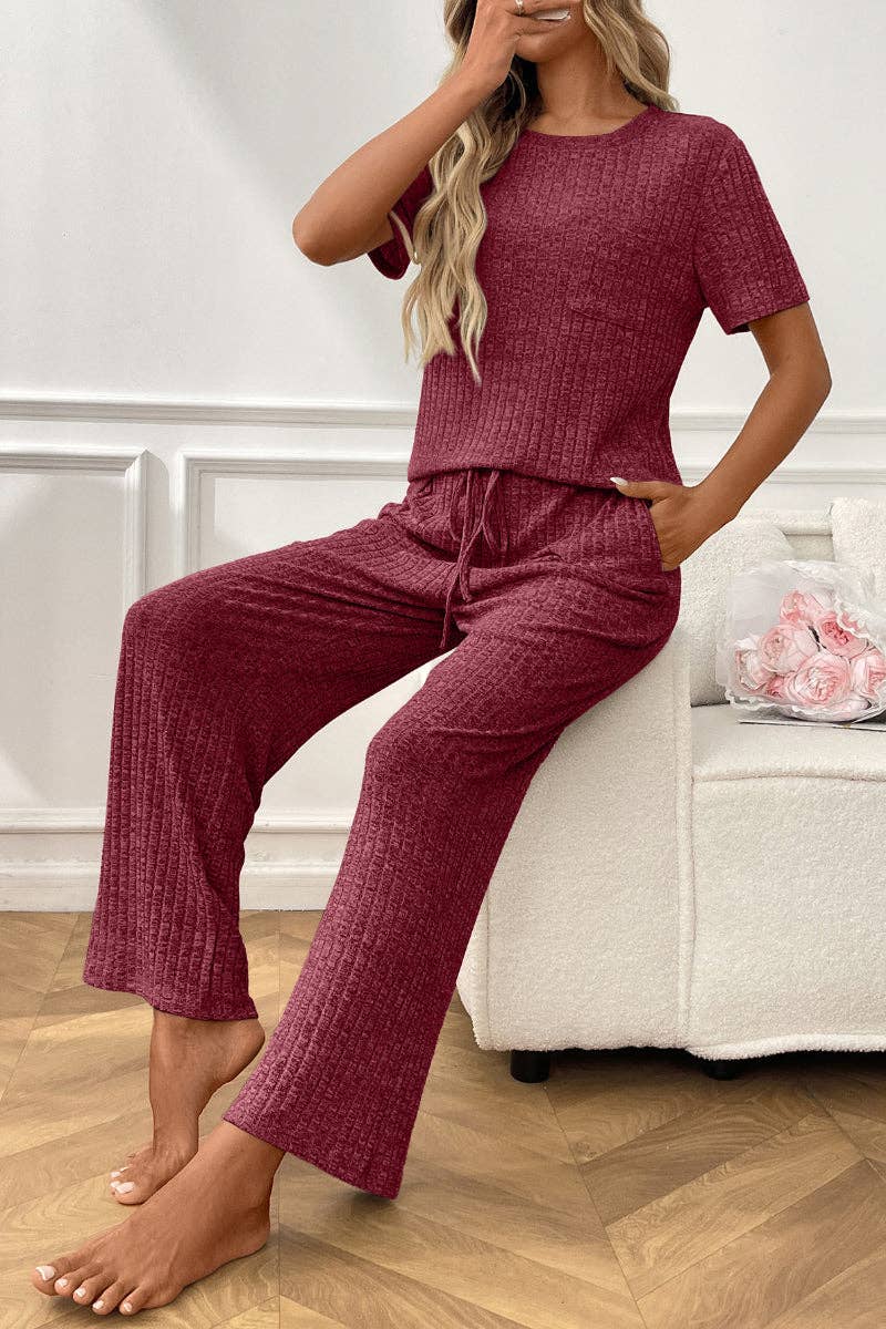 Lovesoft - Ribbed Knit Lounge Set with Short Sleeve Top and Pants