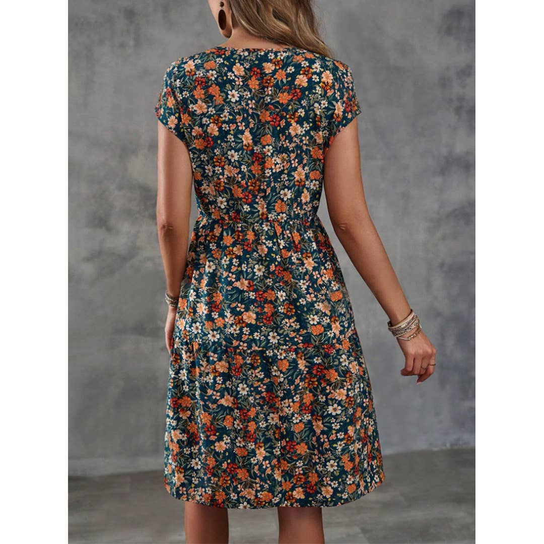 UNISHE - Floral Elastic Waist Short Sleeves Round Neck Dress ZK2696